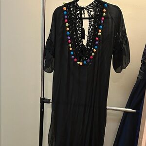 Black Crochet Pom-Pom Swim Coverup